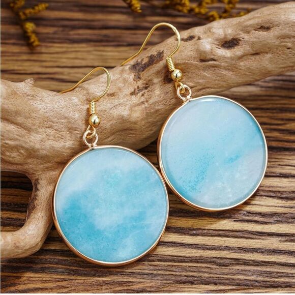 18K Yellow Gold with Natural Blue Amazonite Stone French Wire Drop Hook Earrings - Picture 2 of 6